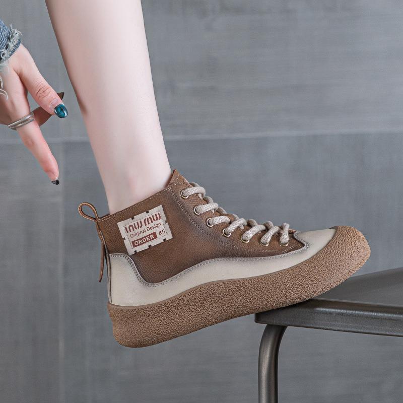 Autumn New Leather Retro High-top Board Shoes Women's Wear-resistant Non-slip Heightening Board Shoes Women's Comfortable and Fashionable Versatile