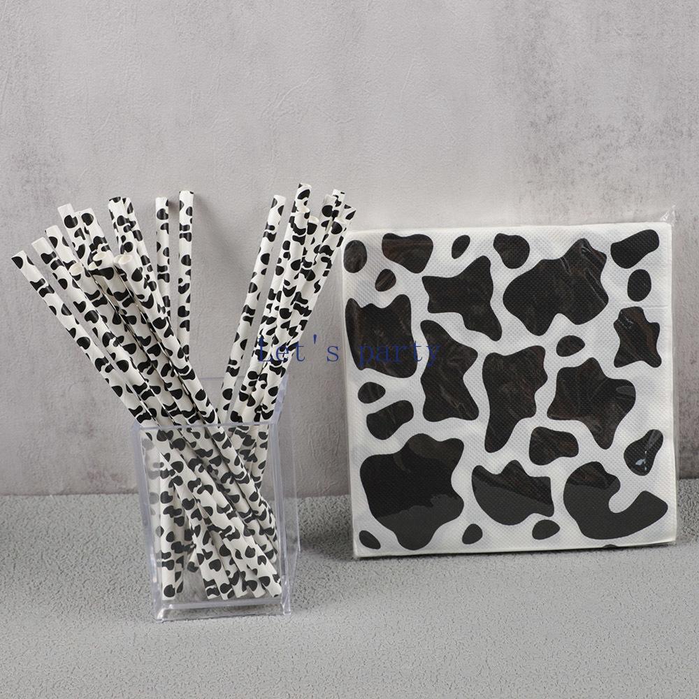 Black White Cow Pattern Paper Napkins Straws Farm Cow Theme Disposable Tableware for Kids Birthday Baby Shower Party Decoration