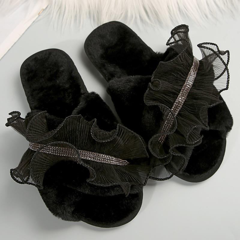 Fashion Mesh Faux Fur Cotton Slippers for Women All Match Crystal Detor Fur Slippers Woman Winter Cross Strap Indoor Cotton Slides Lady