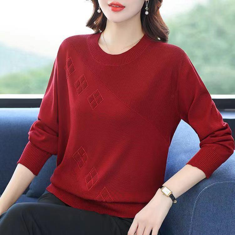 Fall Winter Women's Plus Size Sweater Long Sleeve Loose Crew Neck Knitwear Sweater Rhinestone Pullover Knit Top Stretch Jumper