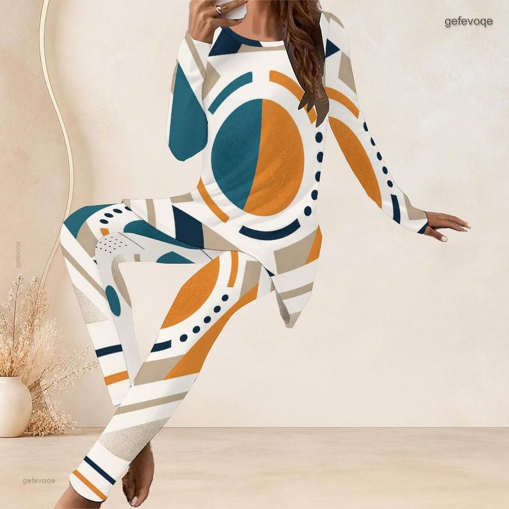 Women Plus Size Navy Blue Gold White Printed Round Neck Long Sleeve Longline Top Fitted Pants Two Piece Set