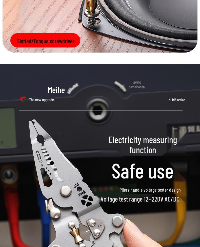 Thickened Multi-functional Electrician's Pliers with Voltage Testing Tip and Wire Stripper