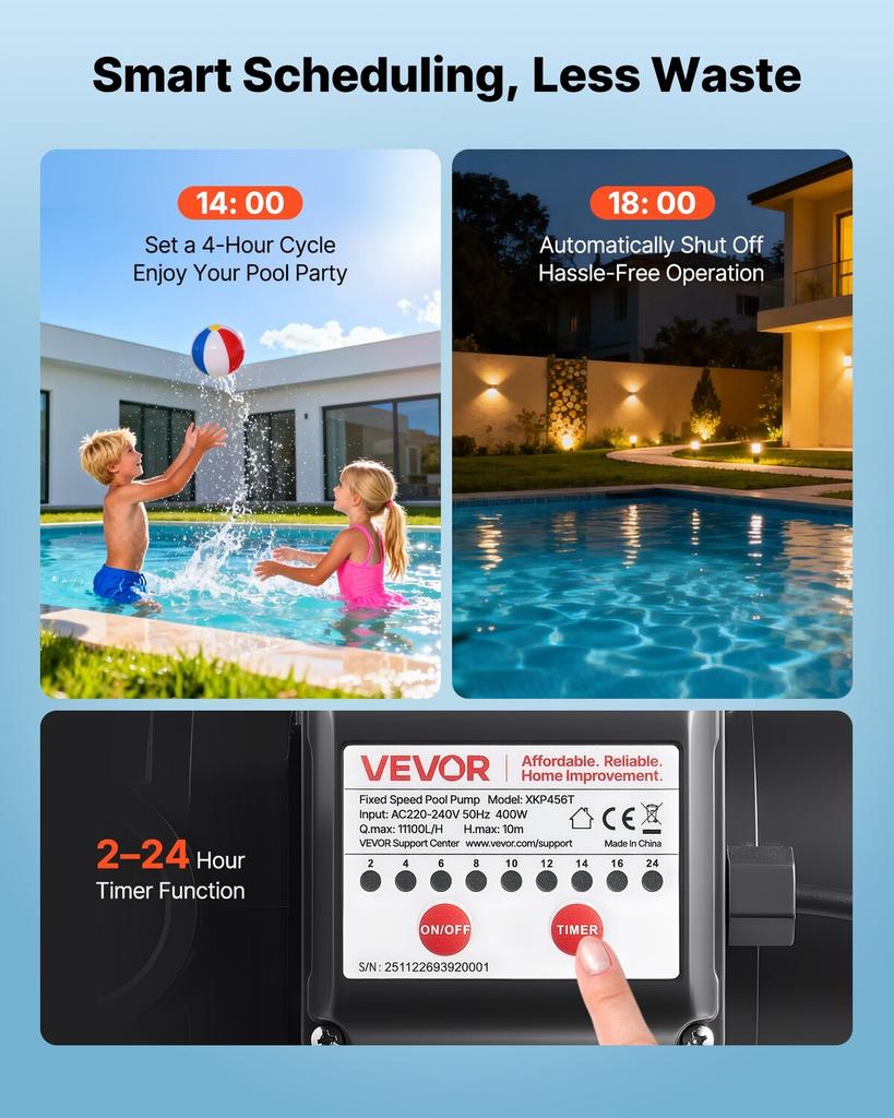 Zwembadpomp, 400W, 11.100 L/U Max. Debiet Enkele Snelheid Zwembadpomp, AC 220-240V, 3450 RPM, 10 m Max. Opvoerhoogte, met 24-Uurs Timer & Filtermand, voor