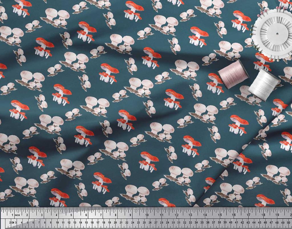 Soimoi Modrá Japonská Krepová Saténová Látka Potisk Houby Zelenina Šicí Látka metr 42 Palců