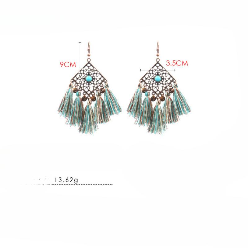 GemChic Women's New Vintage Geometric Metal Turquoise Long Tassel Fringe Earrings Ethnic Fashion Hook Earrings Birthday Christmas Jewelry Gift