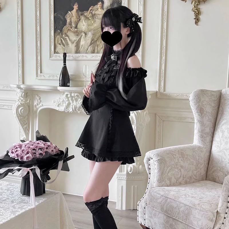 Qichenk Gothic Choker Neck Plus Long Gothic Size S Dress, Black, Size, Off-the-Shoulder, Sleeves, Lolita, Sexy, Simple, Cute, Hdjtz-black,