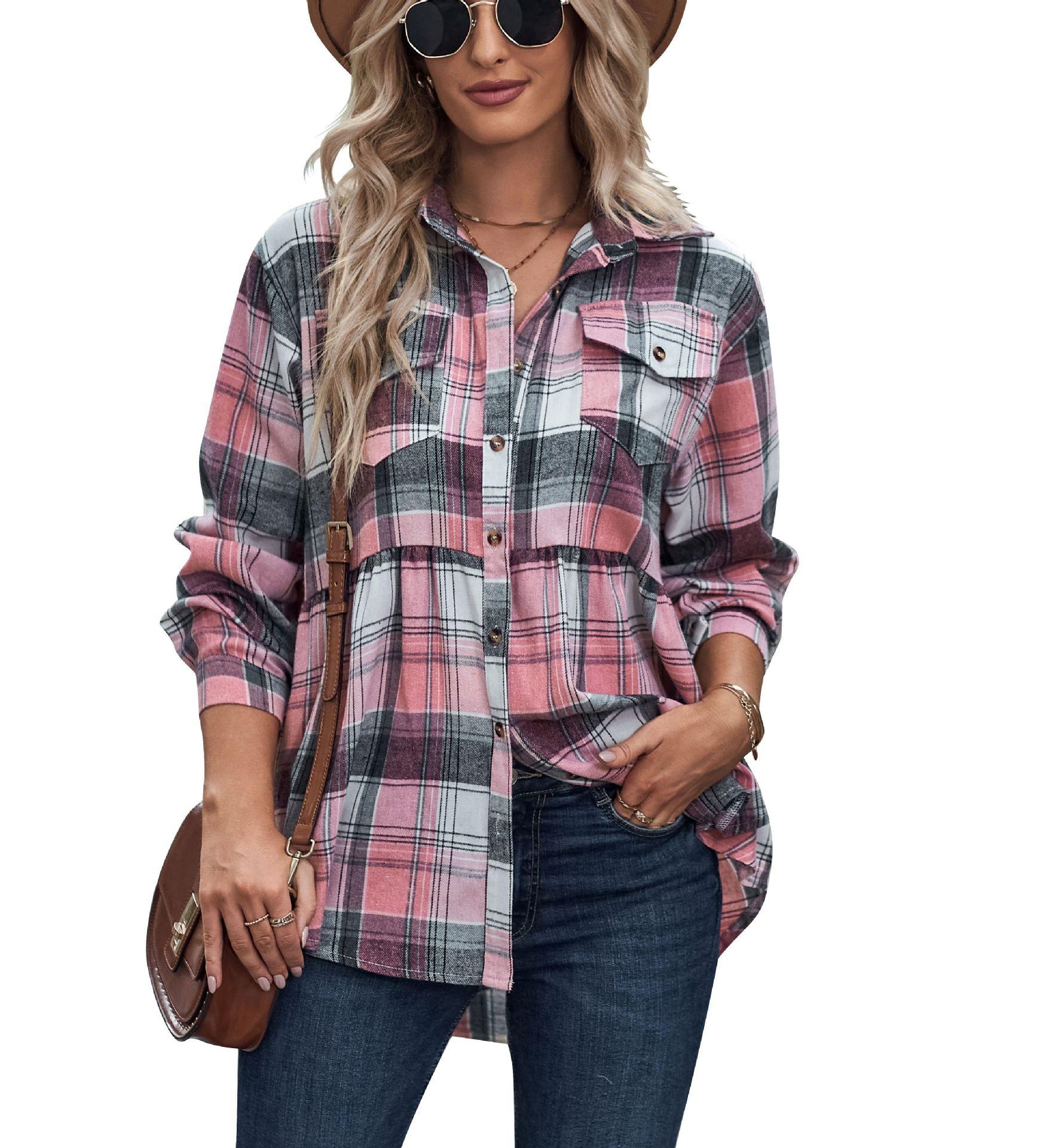 

Women s Blue Orange White Checkered Shirt with Pockets, Casual Long Sleeve Plaid Top XXL