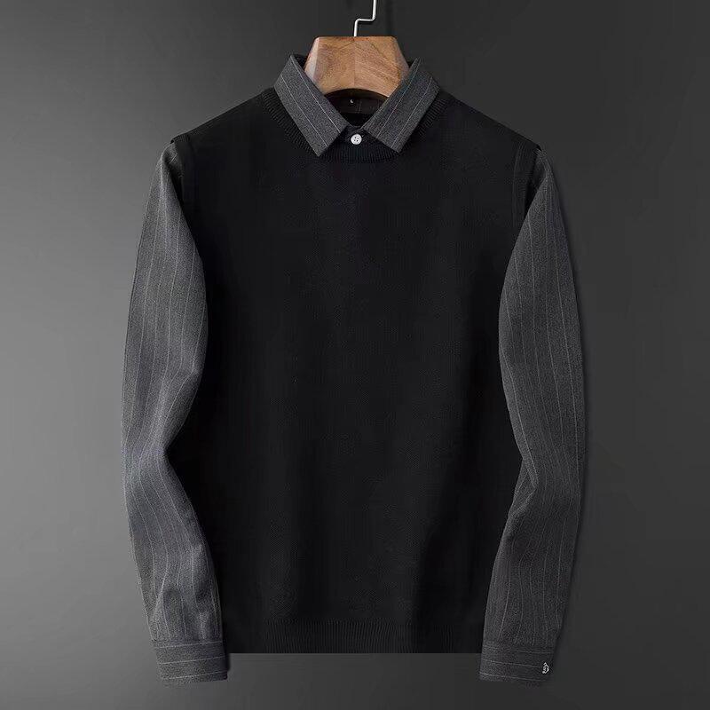 British Style Men's Knitwear: Casual Loose Patchwork Sweater with Shirt Collar, Autumn-Winter Bestseller
