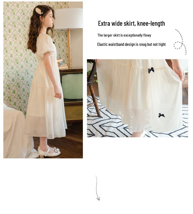 Girls' Chiffon Summer Dress, Short Bubble Sleeves, Long Korean Princess Style 2023.
