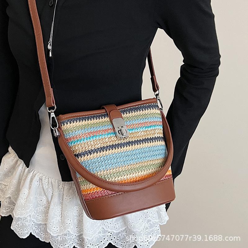 2025 forest niche handbag women's bag new trendy Korean plaid woven bag crossbody bag straw bag ins