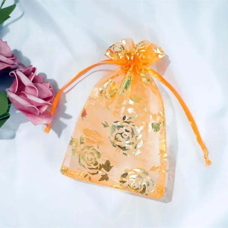 50piece Gold Stamp Rose Pattern Gauze Bag Colorful Pull Rope Self Sealing Storage Bags Candy Gift Accessory Package Jewelry Pouc