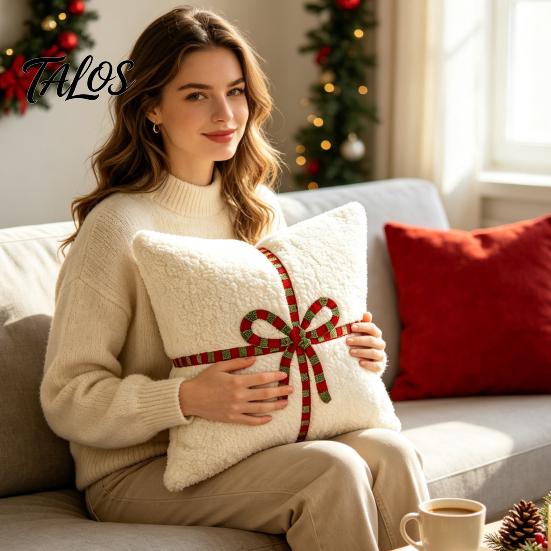 Christmas Throw Pillow Covers Cover, Bow Knot Pattern Cushion 18x18 Inch Theme Soft Plush Case for Sofa Couch Holiday Home Decor Luxury Shells