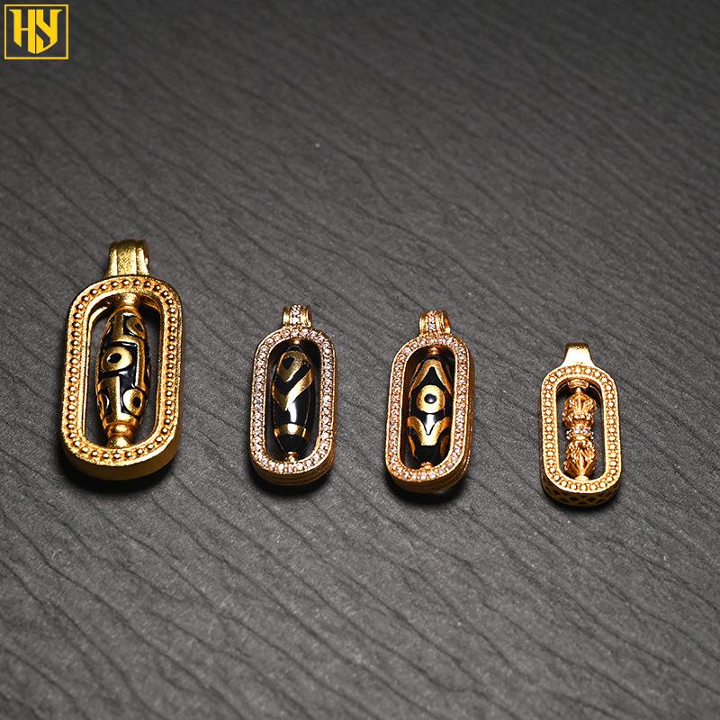 24k Gold-Plated Tibetan Nine-Eyed Dzi Bead Pendant Necklace with Zircon Inlay