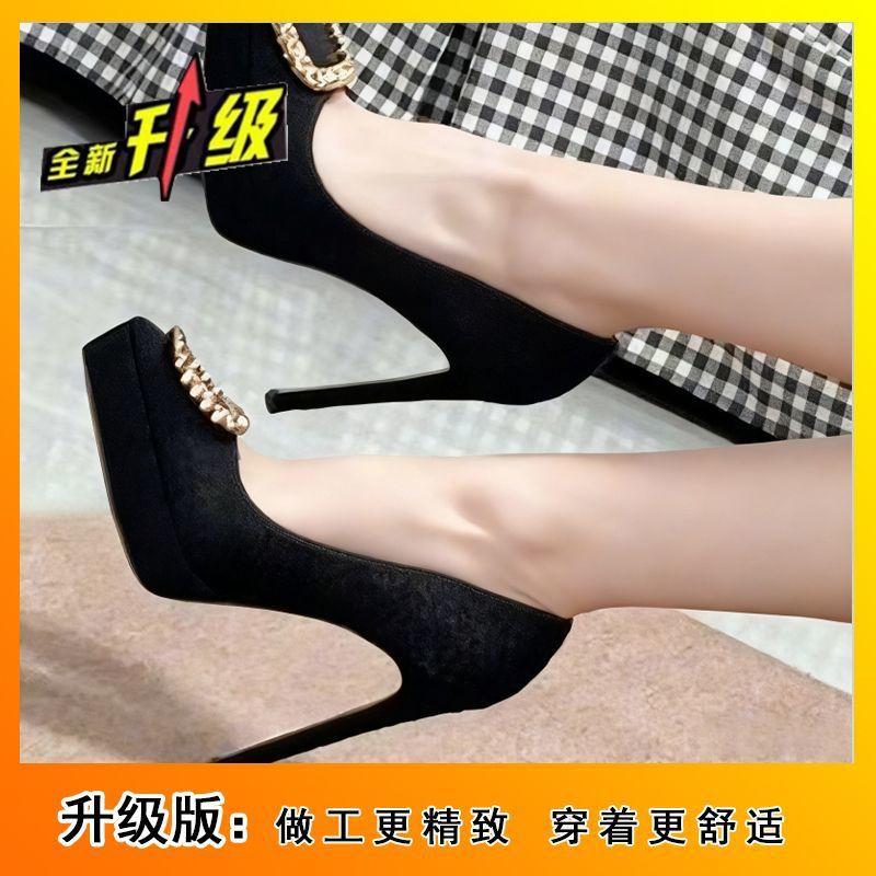 Temperament square buckle black suede small waterproof table pointed head thin heel high heels women's single shoes 2025 autumn new