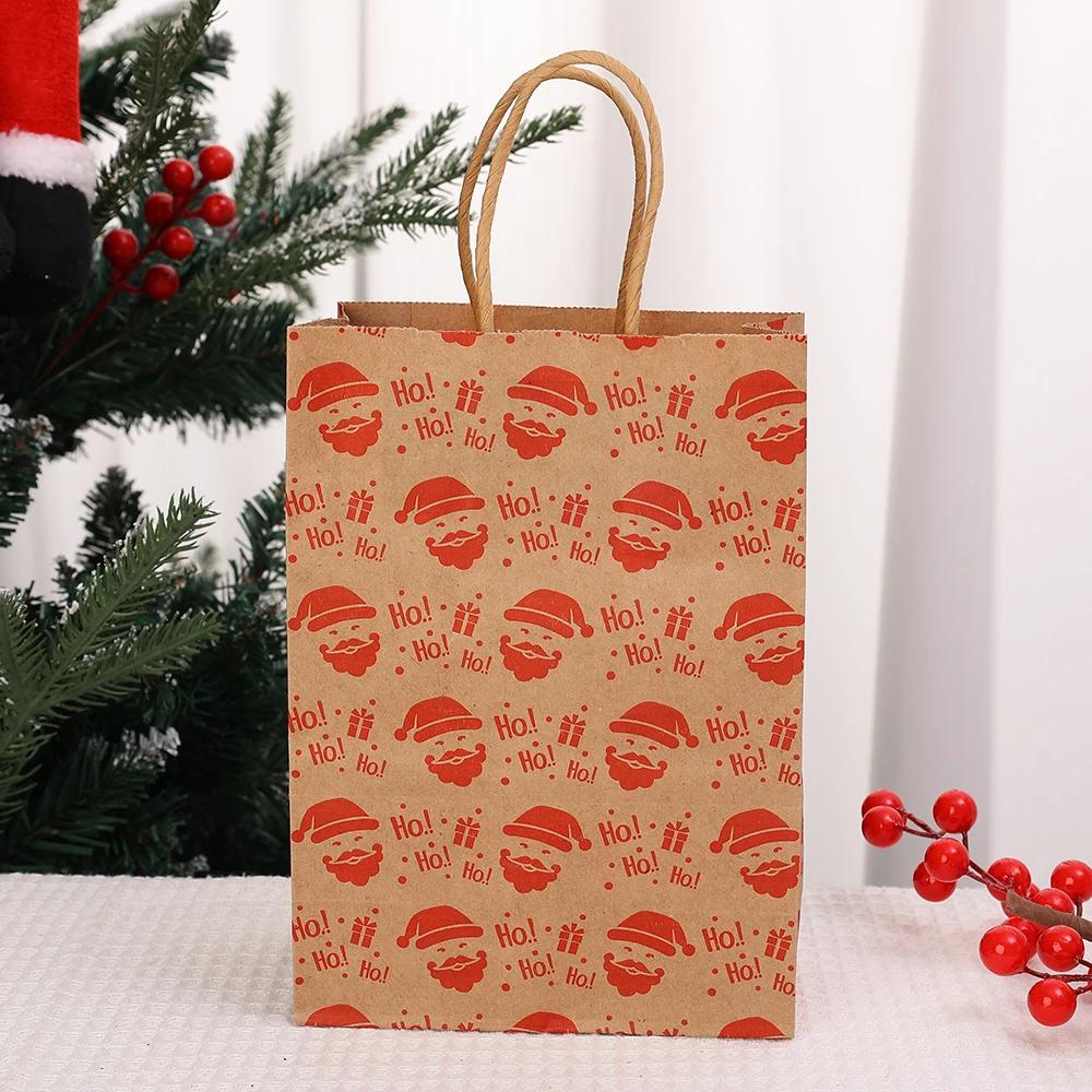Kraft Paper Bag Christmas Packaging Gift Paper Handbag Santa Claus Snowman Pattern Merry Christmas Home Party Decor Candy Sack