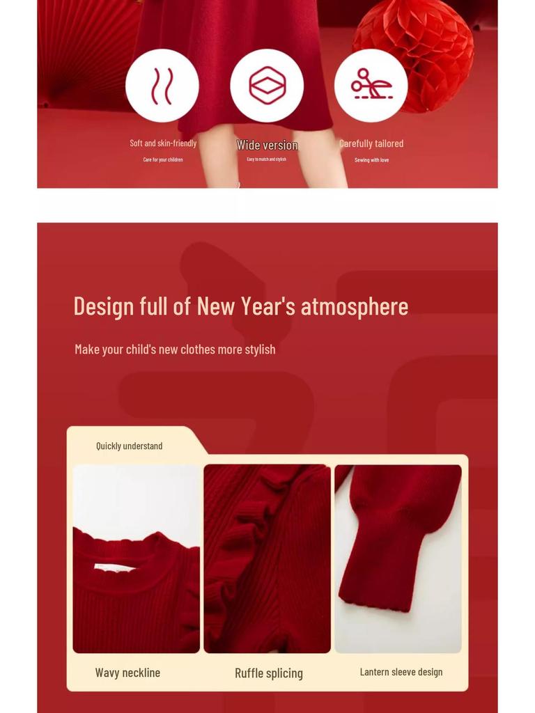Girls' Long Sleeve Red Woolen Knit Dress – Stylish New Year Outfit for Older Children