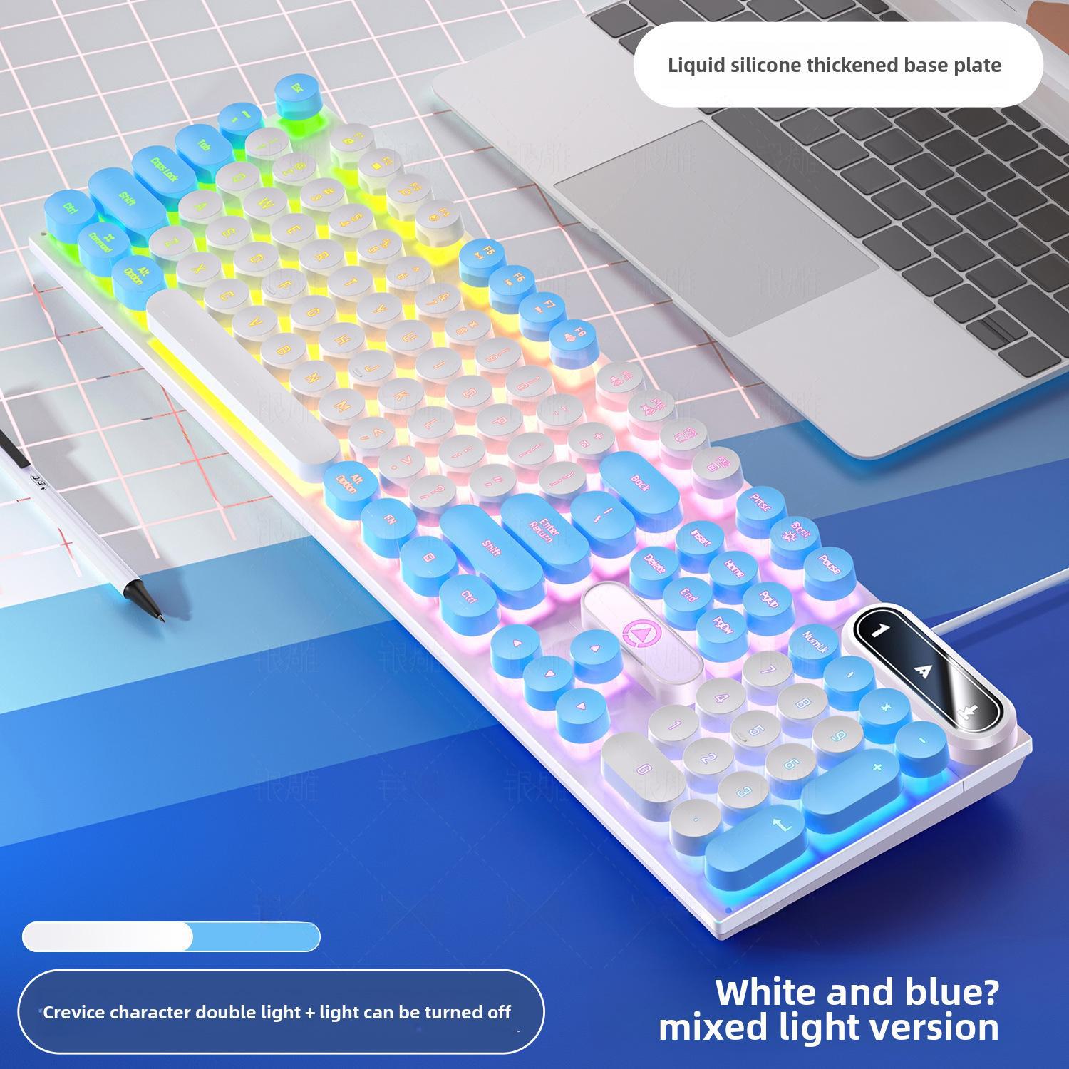 

Проводная игровая клавиатура K600 с серебристой резьбой и колпачками в стиле панк Mixed light punk version белый/синий