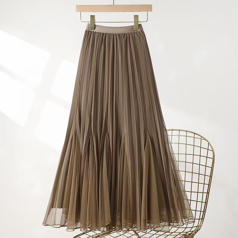 Apricot Irregular Mesh Fishtail Midi Skirt - European Style Elastic High Waist Pleated Fairy Skirt for Women, Spring/Summer