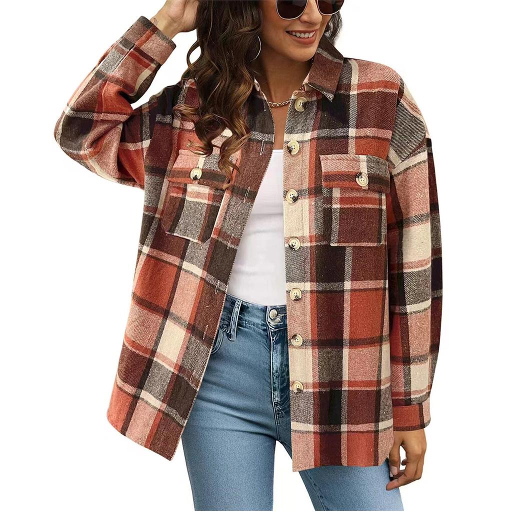 Women's Checkered Button Long Sleeved Loose Casual Shirt Jacket