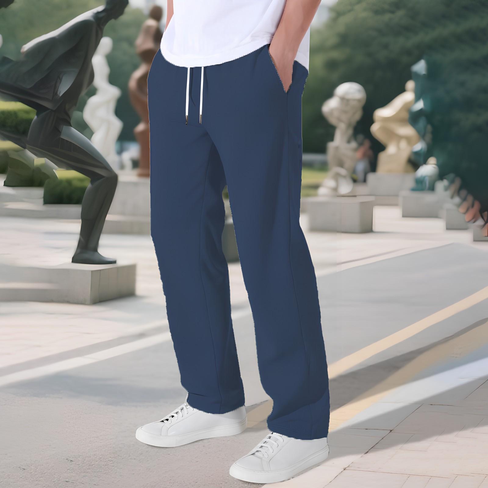 

Men s Solid Color Weave Breathable Loose-Fit Casual Straight Leg Pants XL тёмно-синий