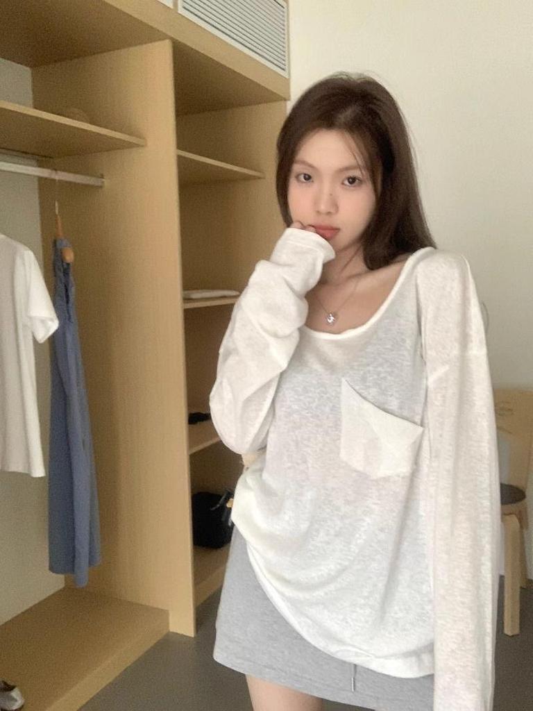 Elegant Sheer White U-Neck Long Sleeve Top - Women's Spring/Fall Loose Fit Cover-Up