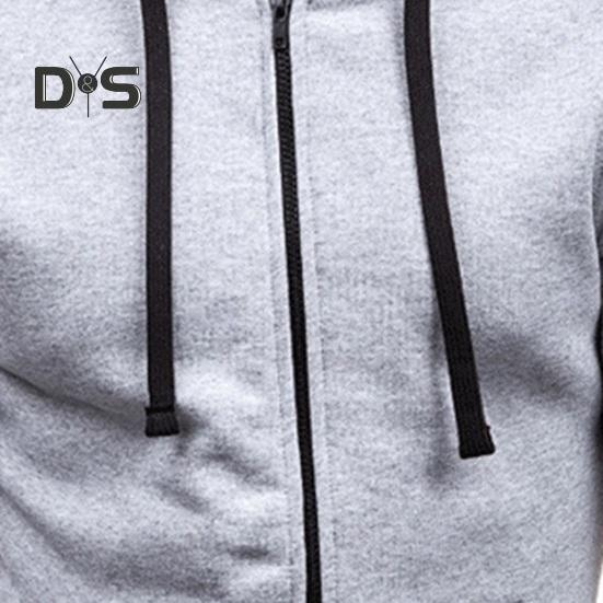 Fall Winter Men Jacket Hooded Drawstring Zip-up Long Sleeves Solid Color Cardigan Elastic Cuff Pockets Mid Length Hoodie Jacket