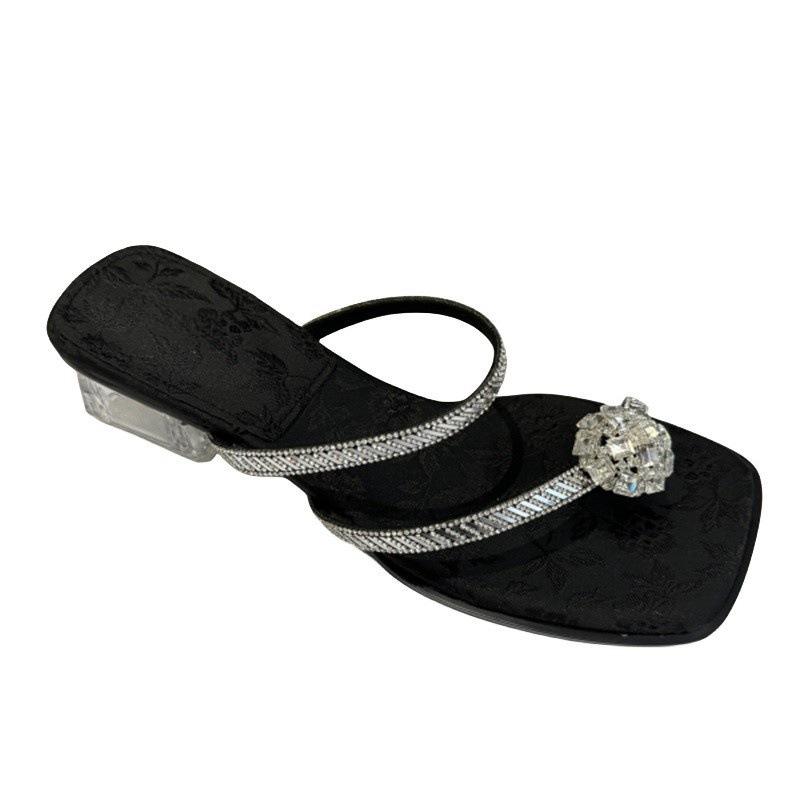 Versatile shoes new Chinese heel slippers thick heel feet new rhinestone outer wear sandals 2025 Internet celebrity jacket toes summer women