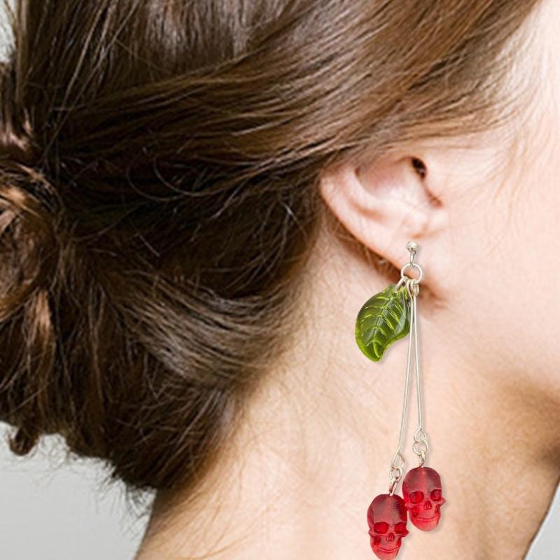 Gothic Skull Earrings in Fashionable Red Vampires Skull Style with Green Leaf Details for Fashion Forward Women