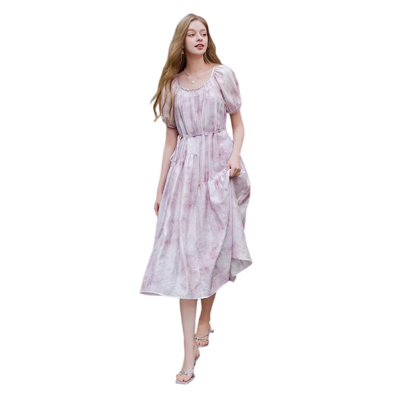Women s Purple Gradient Tie-Dye Bubble Sleeve Midi Dress XL