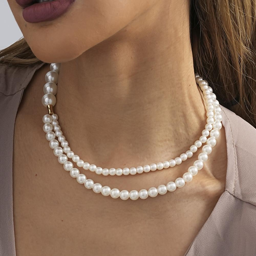 Double Beautiful Layer Pearl Necklace For Women Fashionable Geometric Design In Color White