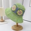Straw Hat Bohemian Floral Pattern Foldable Beach Hat Wide Brim Hollow Design Bucket Hat Breathable Summer Accessory