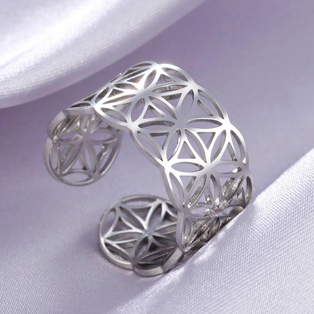 Dawapara Seed Flower of Life Ring Kabbalah Sacred Geometry Mandala Chakra Yoga Jewelry Stainless Steel Adjustable Rings