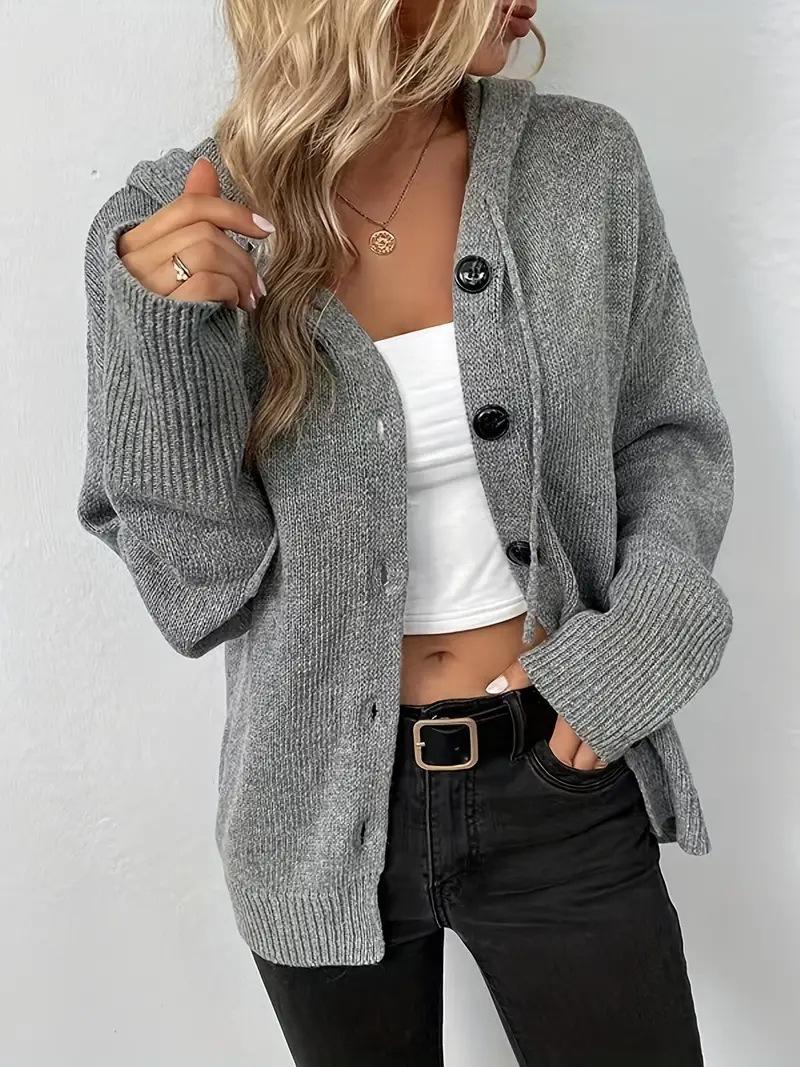 Women Solid Color Hooded Button Front Knit Cardigan S