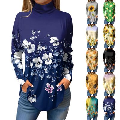 T-Shirts für Damen, lässig, langärmelig, Sweatshirt, Vintage-Stil, bedruckt, Stehkragen, Pullover