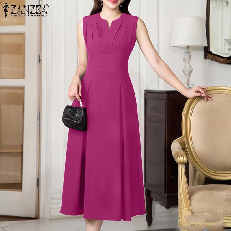 

ZANZEA Womens Summer Casual V-Neck Solid Color Sleeveless Dress 5XL рожевий