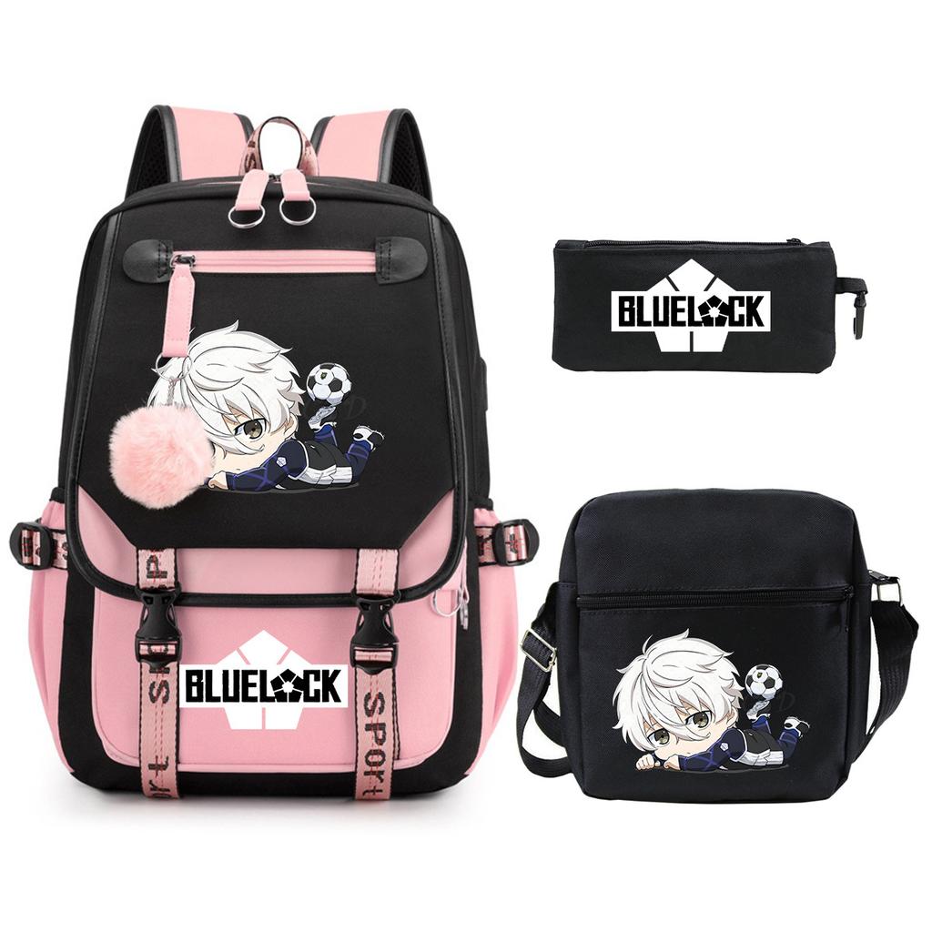 Blue Prison Student School Bag Large Capacity Children'S Shoulder Bag Casual Pencil Bag Set