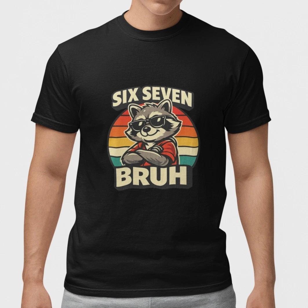 SIX SEVEN BRUH Funny Raccoon Rainbow Graphic 100% Cotton T-Shirt Humor Tee M