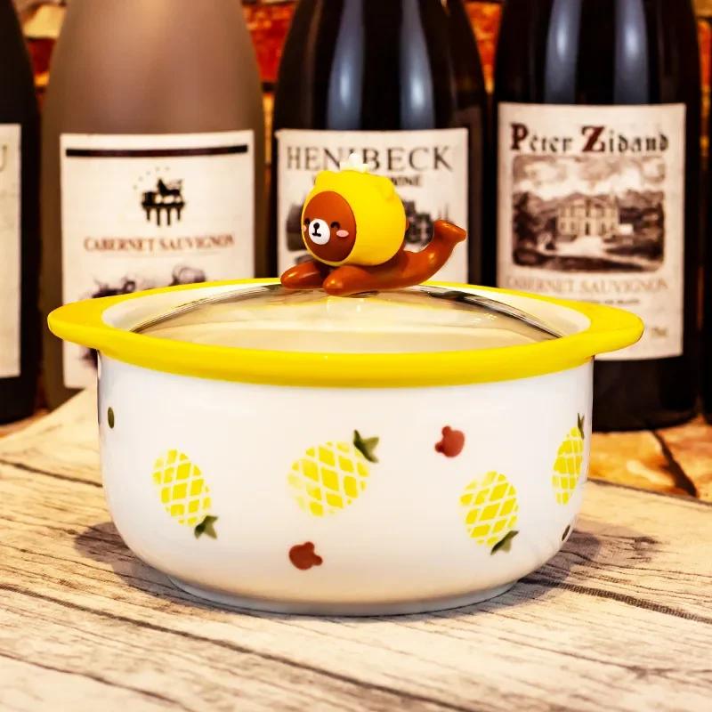 

Cute Kitchen Large Instant Noodles Fruit Salad Rice Soup Bowl Tableware With Lid Strawberry Peach Ramen Bowl Single bowl