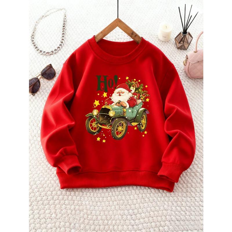 Kids Crewneck Sweatshirt, Santa Claus Driving Vintage Car Print Soft Casual Long Sleeve Top