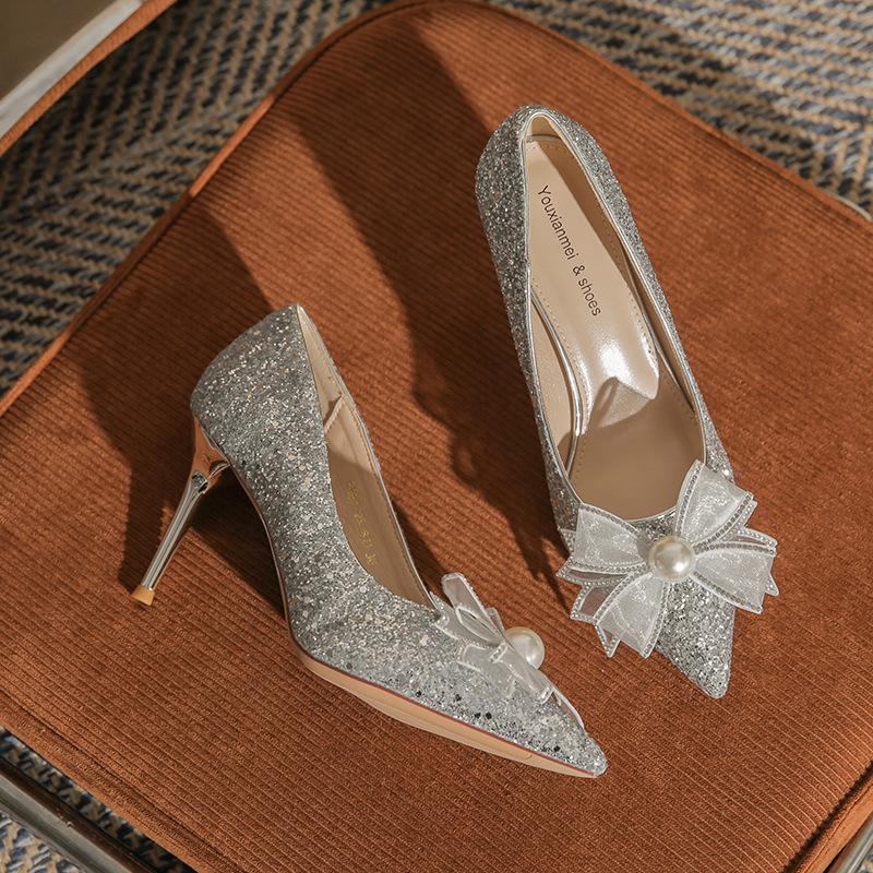 Champagne Gold Crystal Bow High Heels for Women - Elegant French Niche Bridal Shoes