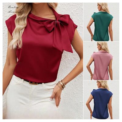 Zomer Halfopen Kraag Vlinderknoop Kleur Ding Top Niche Design Satijnen T-shirts Dames
