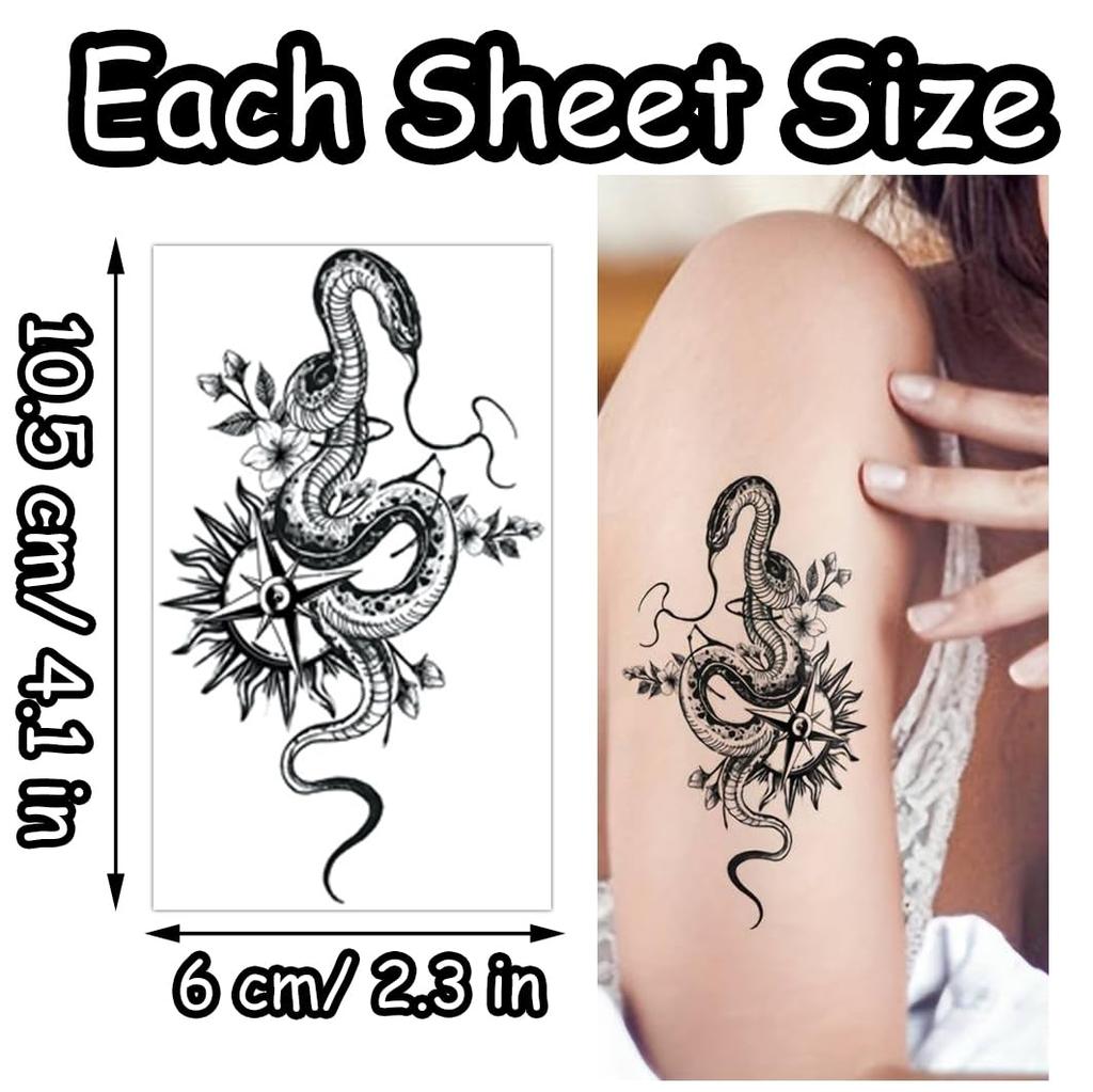 S.A.V.I Confezione da 5 Fogli di Tatuaggi Temporanei per Uomini e Donne - Impermeabili, Lunga Durata, Serpente Nero, Ali e Disegni Gotici - Ideali per Body Art, Feste