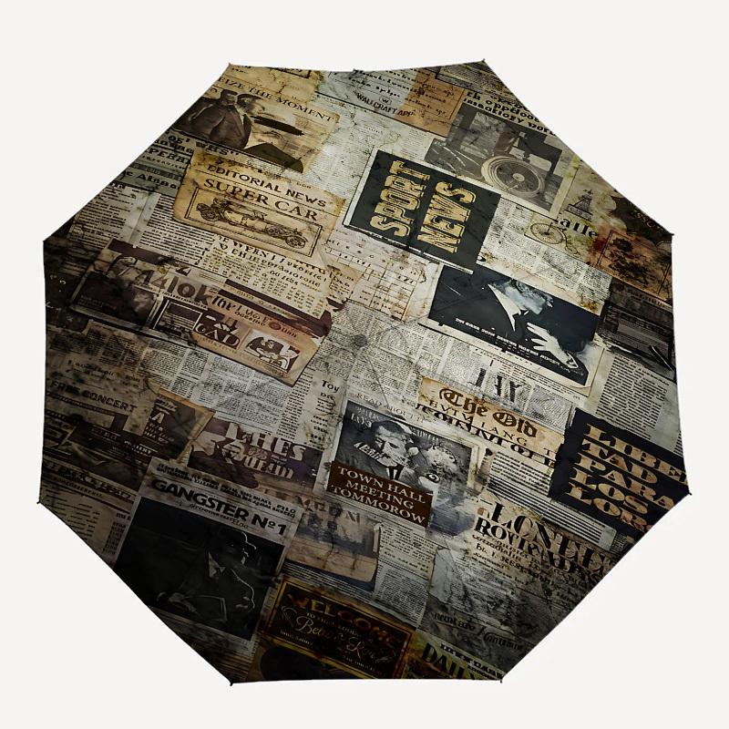 Newspaper Clippings Historic Archive Themed Automatic Opening and Closing Umbrella, Brightly Colored 8-rib Portable Umbrella, Suitable for M
