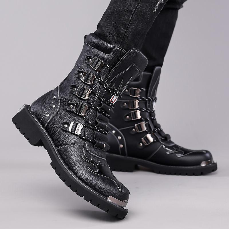 Botas de Motociclista Masculinas Moda Meia-Cana Punk Rock Punk Couro PU Preto Cano Alto Bota Casual Masculina Sapatos Bico de Aço Botas Hombre