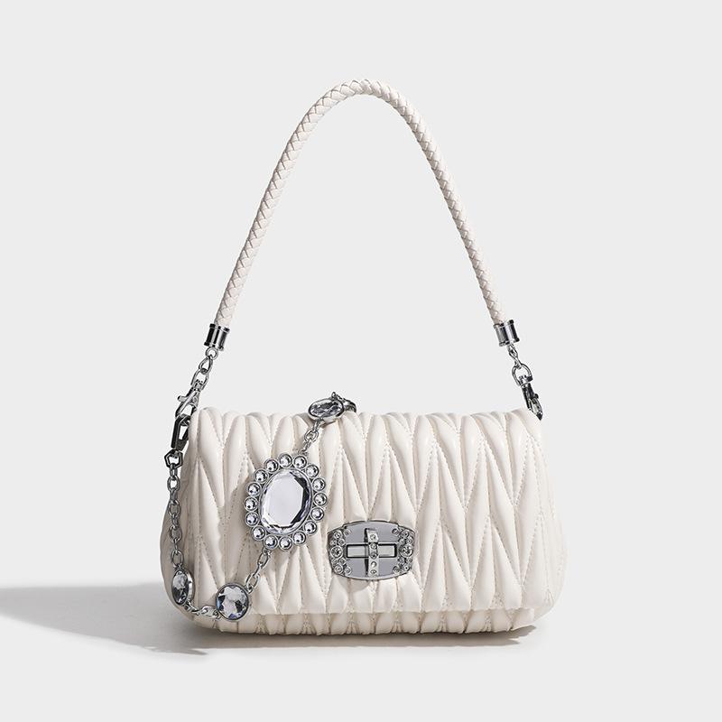 Leather Armpit Bag, New Korean Style Fashionable Crossbody Women's Bag, High-end Rhinestone Small Square Bag, Chain Bag, Pleated Bag