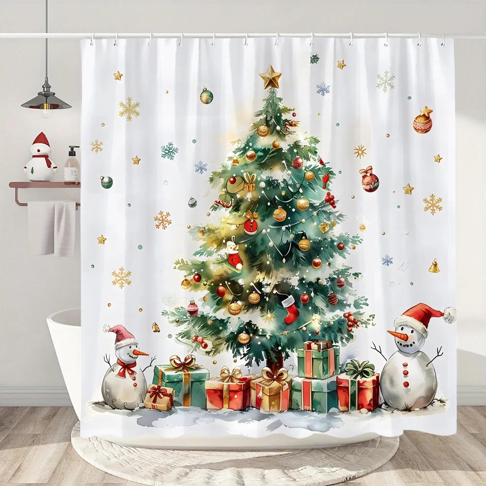 Snowman Christmas Shower Curtain Christmas Tree Gifts Red Bird Winter Snow Fabric Printed Bath Curtain Bathroom Decor With Hoo