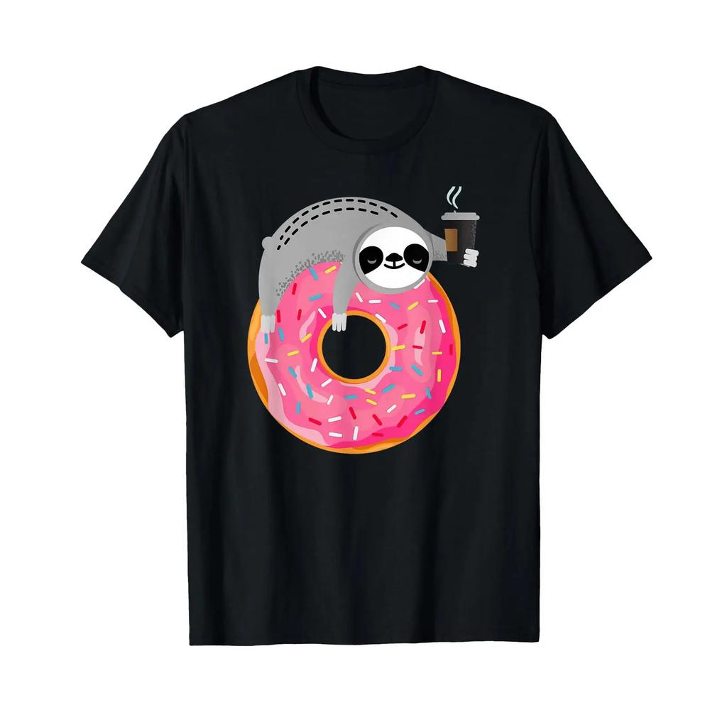Sloth On Donut With Cup Of Steaming Coffee T Shirt vintage Washed Unisex Soft streetwear graphic designer clothes Slightly
