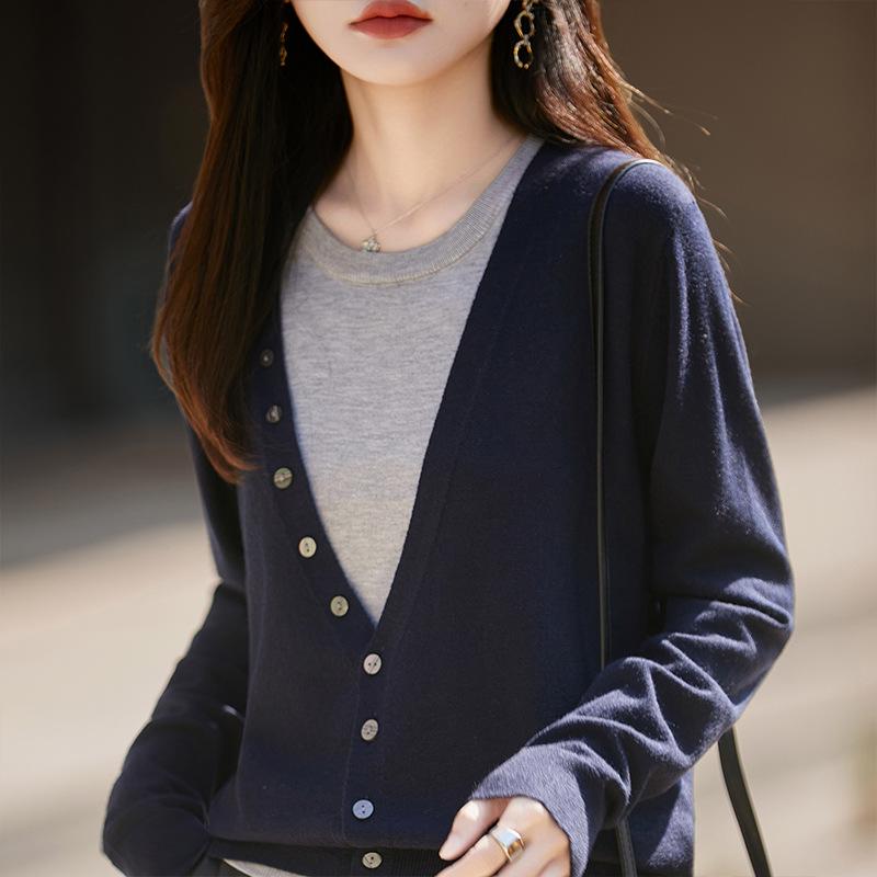 New European & American Two-Piece Wool Blend Cardigan & Base Layer Knit Set for Women - Autumn/Winter Trendy Fashion