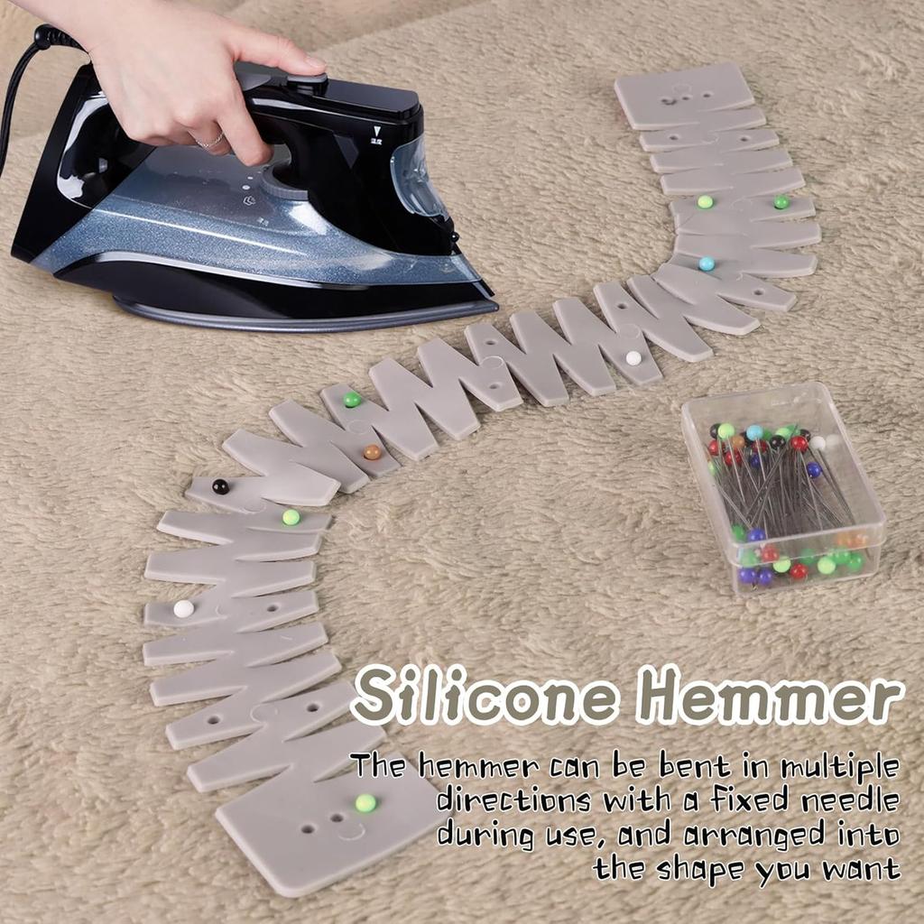 Silicone Hemmer with Metal Needles & Box, Heat-Resistant Hem Sewing Ruler,Bendable and Hemming Tool for Shirt Necklines, Tails
