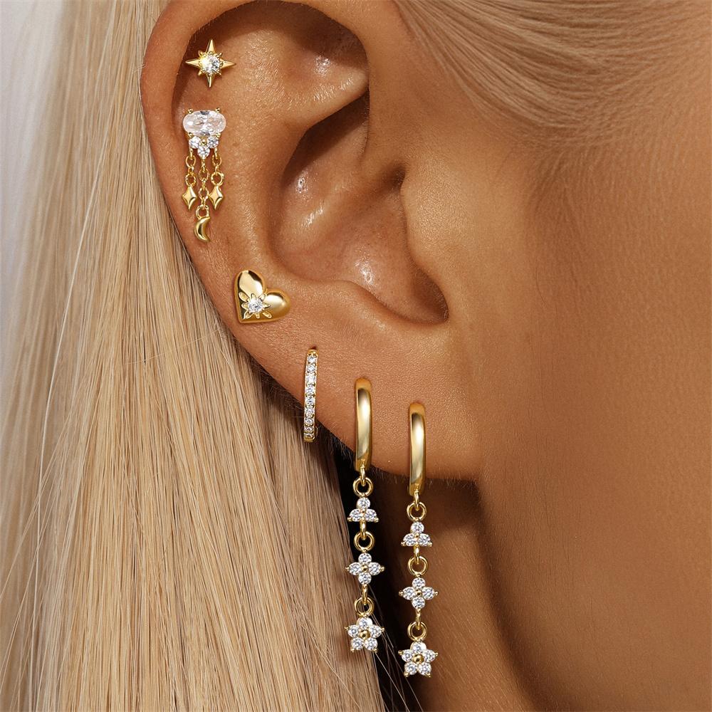 CANNER Pink Heart Shape Zircon Eight Pointed Star 925 Silver Stud Earring For Women Ins Tassel Flower Earring Gift